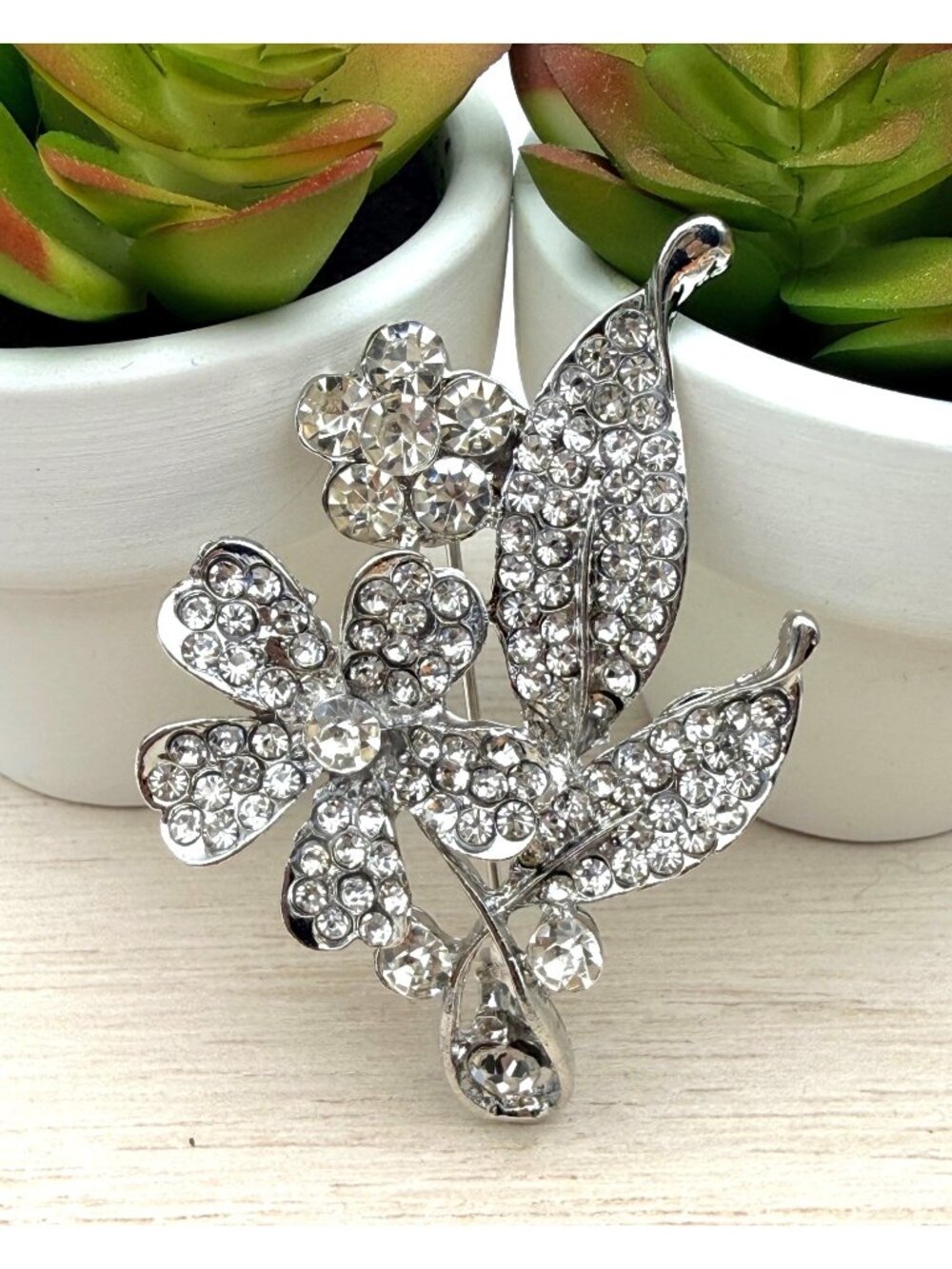 Rhinestone Floral Brooch Pin Clear Silver Tone Crystals 2” Elegant Women Jewelry